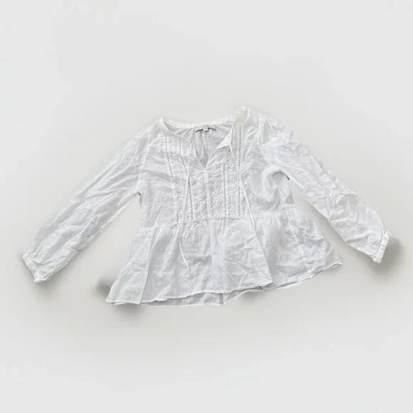 LOFT Women’s White Cotton Blouse Size Medium Embroidered V Neck Long Sleeves - Picture 2 of 6